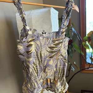 Botanical, Smocked, Ruffle, Summer Top. Size M, “Patrons of Peace.” NWOT